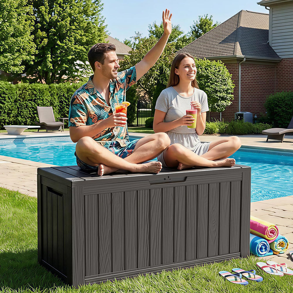 DRATO 155 Gallon Deck Box Waterproof Outdoor Storage Box with Wheels, Black