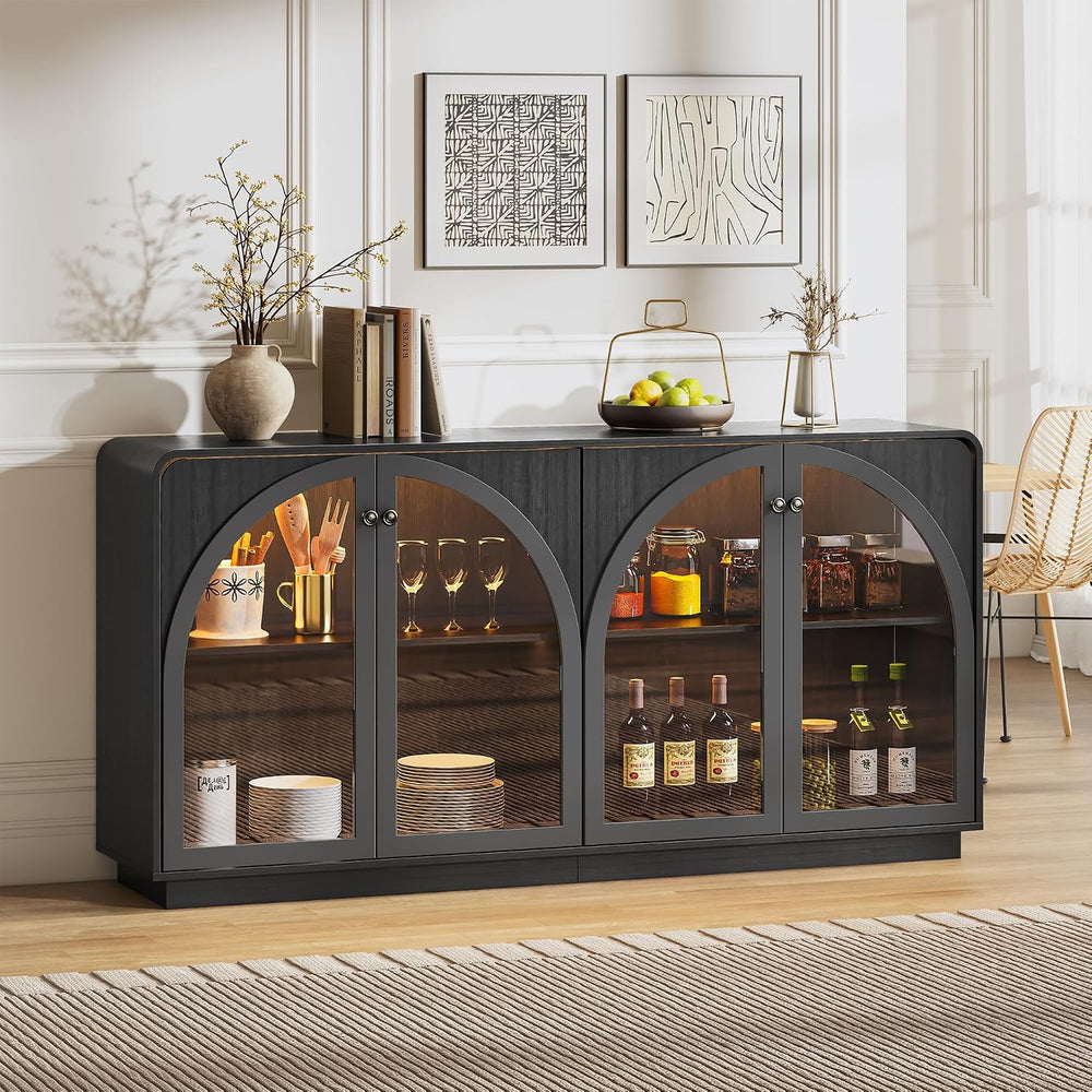 68" Sideboard Buffet Cabinet, Coffee Bar with Glass Doors & LED Light