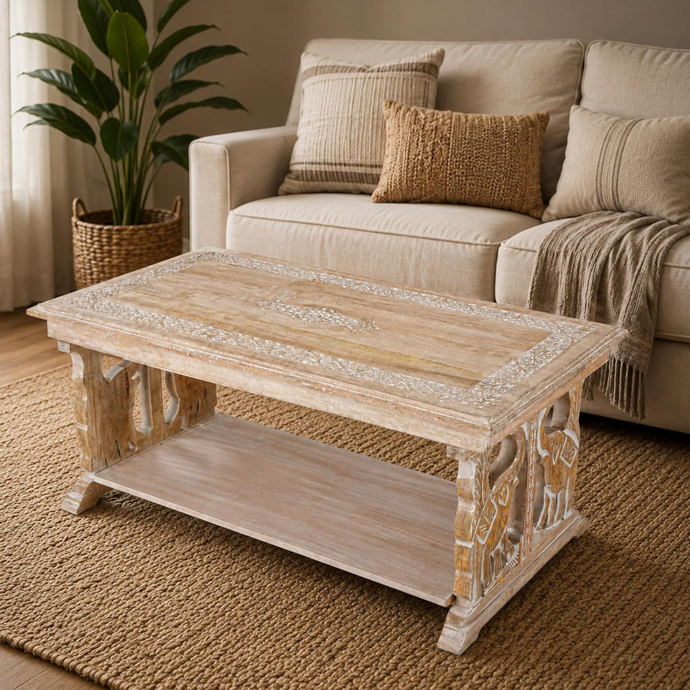 Coffee Table in Solid Wood With Hand Carving40x20x18"White Wash Rectangular