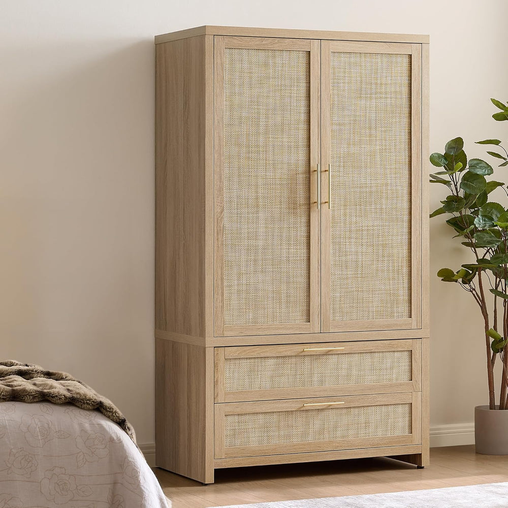 SICOTAS 71 inch Rattan Wardrobe Closet : Armoire Wardrobe with Drawers