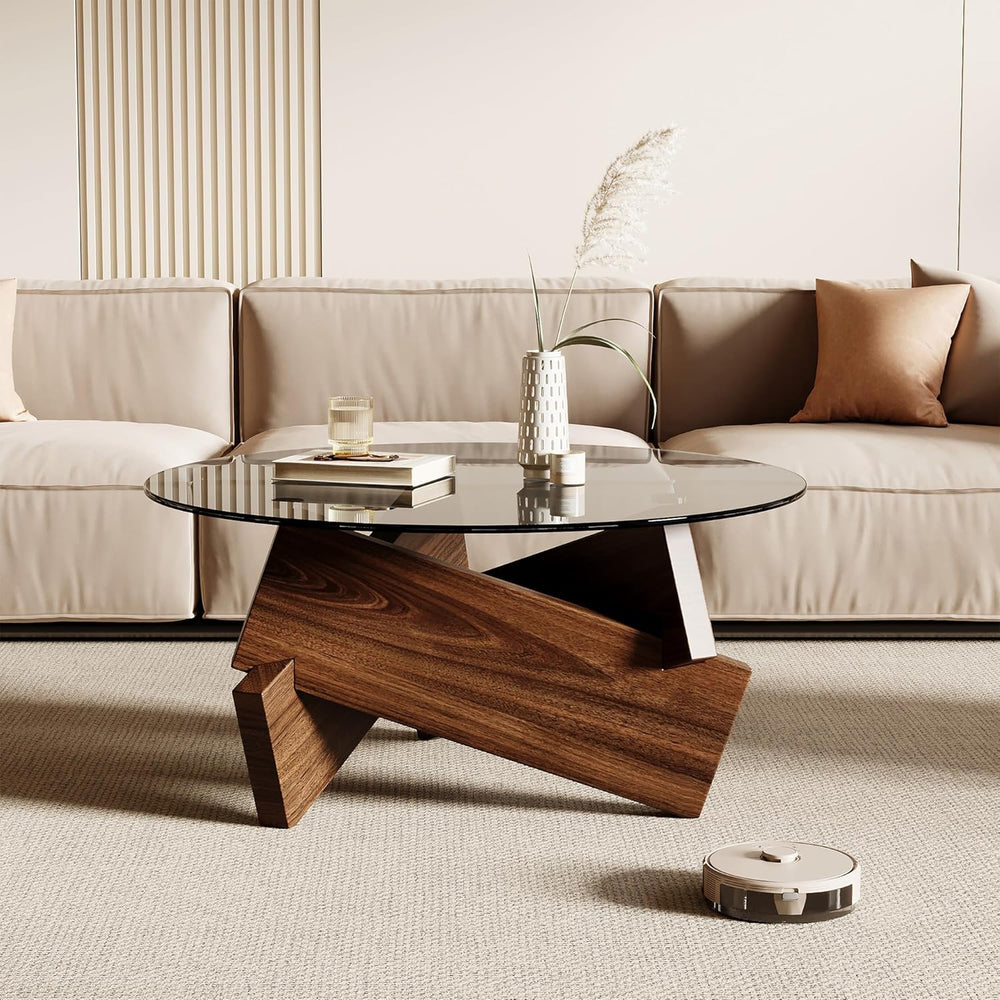 Honyee Modern Round Coffee Table, 30.7" x 30.7" x 16.1" Temper...