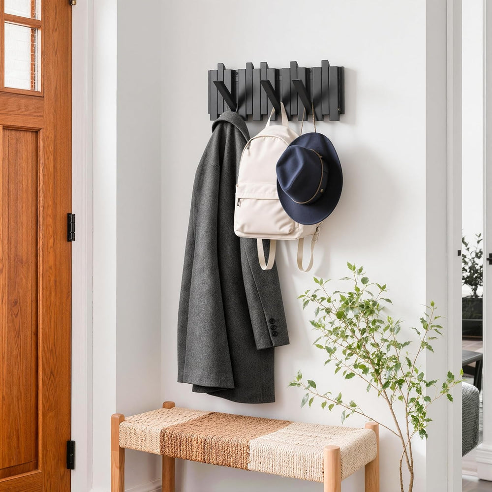 Wall Coat Rack for Entryway: Folding Wood 8 Hooks for Small Space