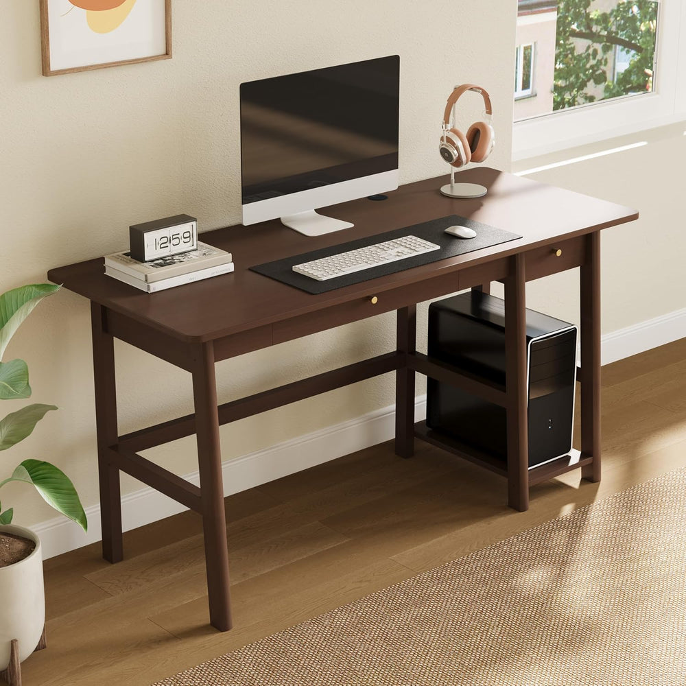 NELYE Solid Wood Writing Desk with Drawer, 58" W x 24" D, Walnut