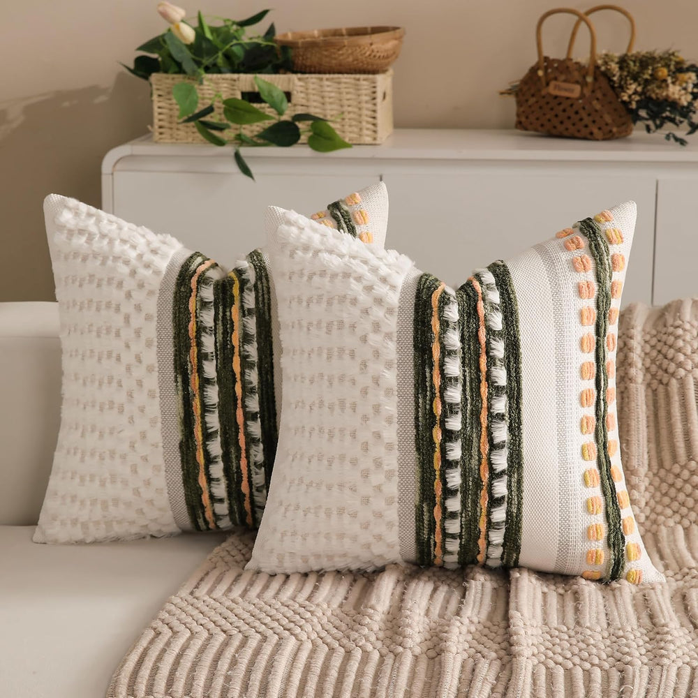 Boho Chenille Tufted Couch Throw Pillow Covers 18x18 Inch Set of 2 Farmhouse ...