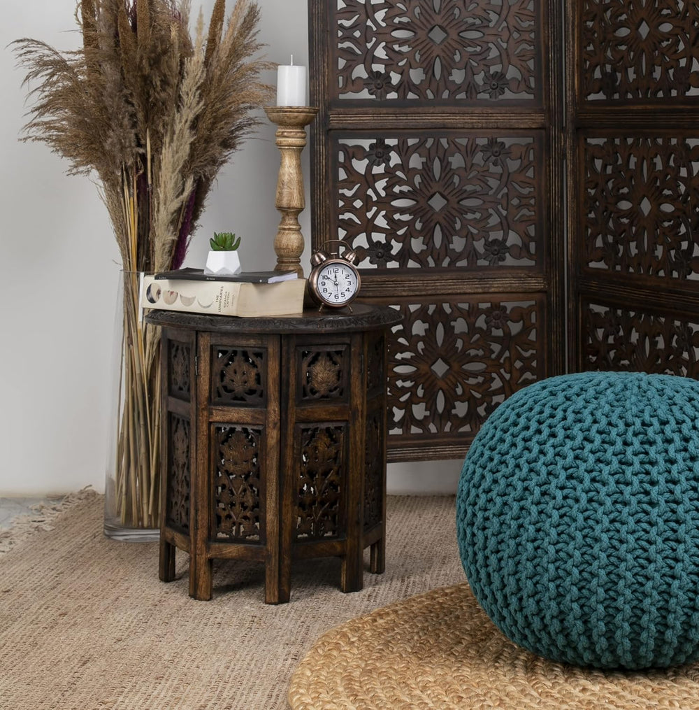 COTTON CRAFT Solid Wood End Table - Hand Carved Folding Accent Side Table