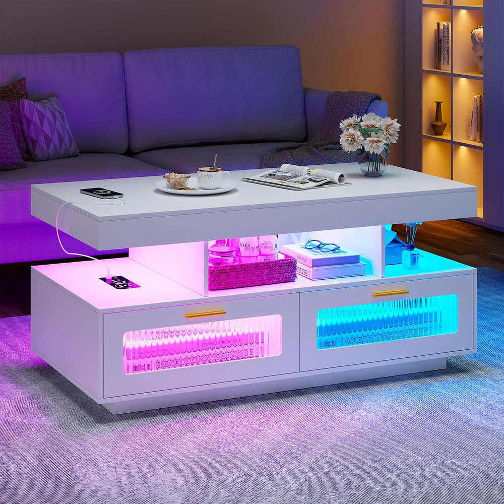 HNEBC LED Coffee Table with Wireless Charging Station for Living Room,White