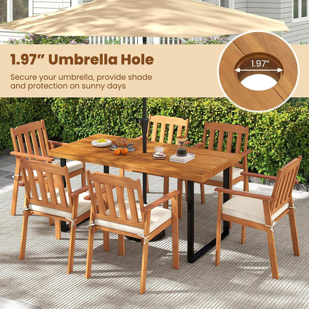 Tangkula 7 Pieces Patio Dining Table Set, 63” Rectangle Acacia Wood Table wit...