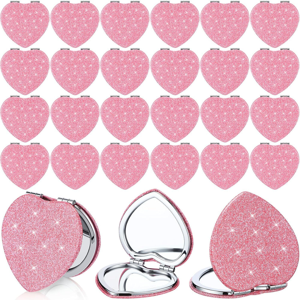 24 Pcs Heart Compact Mirrors Double Sided Magnifying, Pink