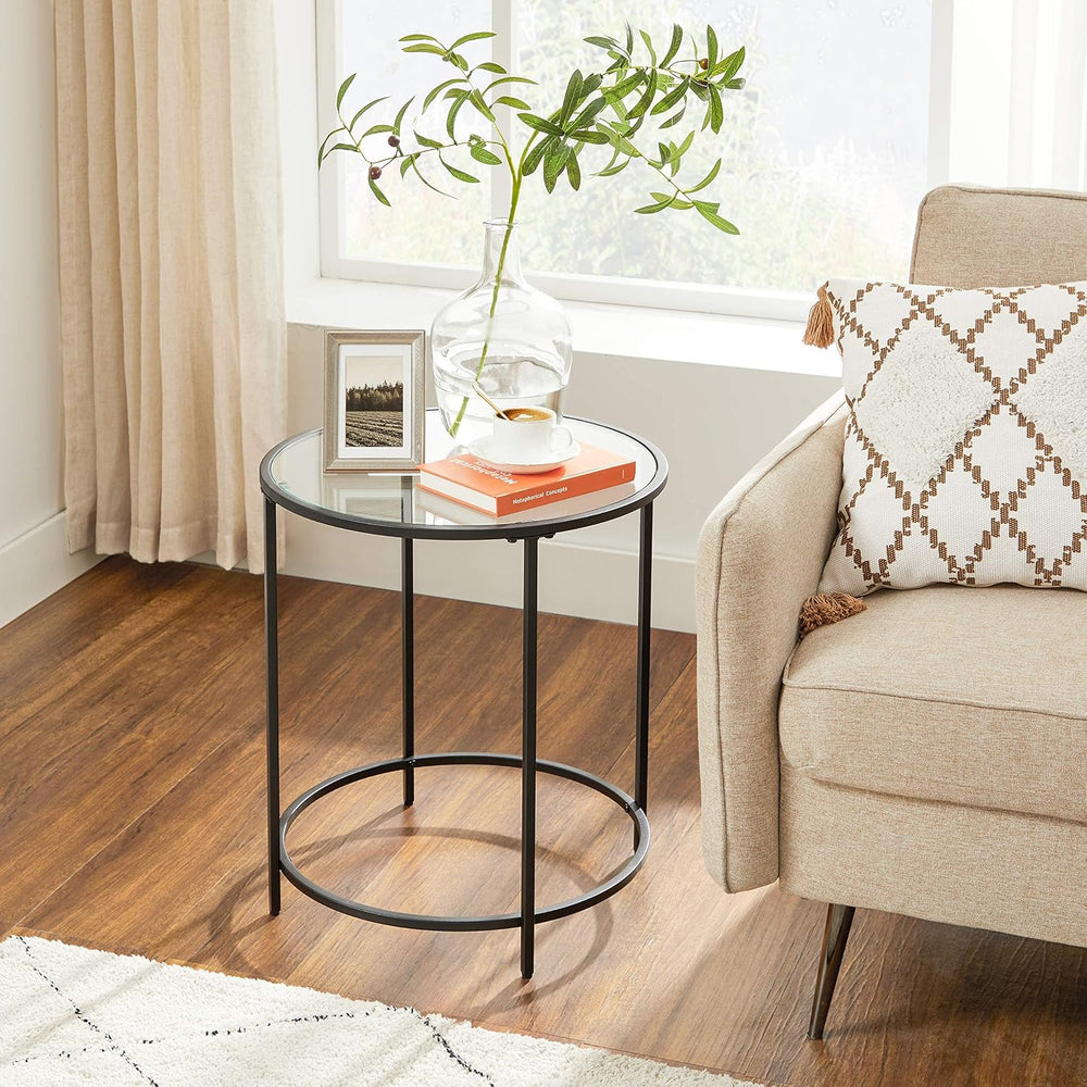 VASAGLE Round Side Tables, Set of 2, Glass End Tables with Metal Frame