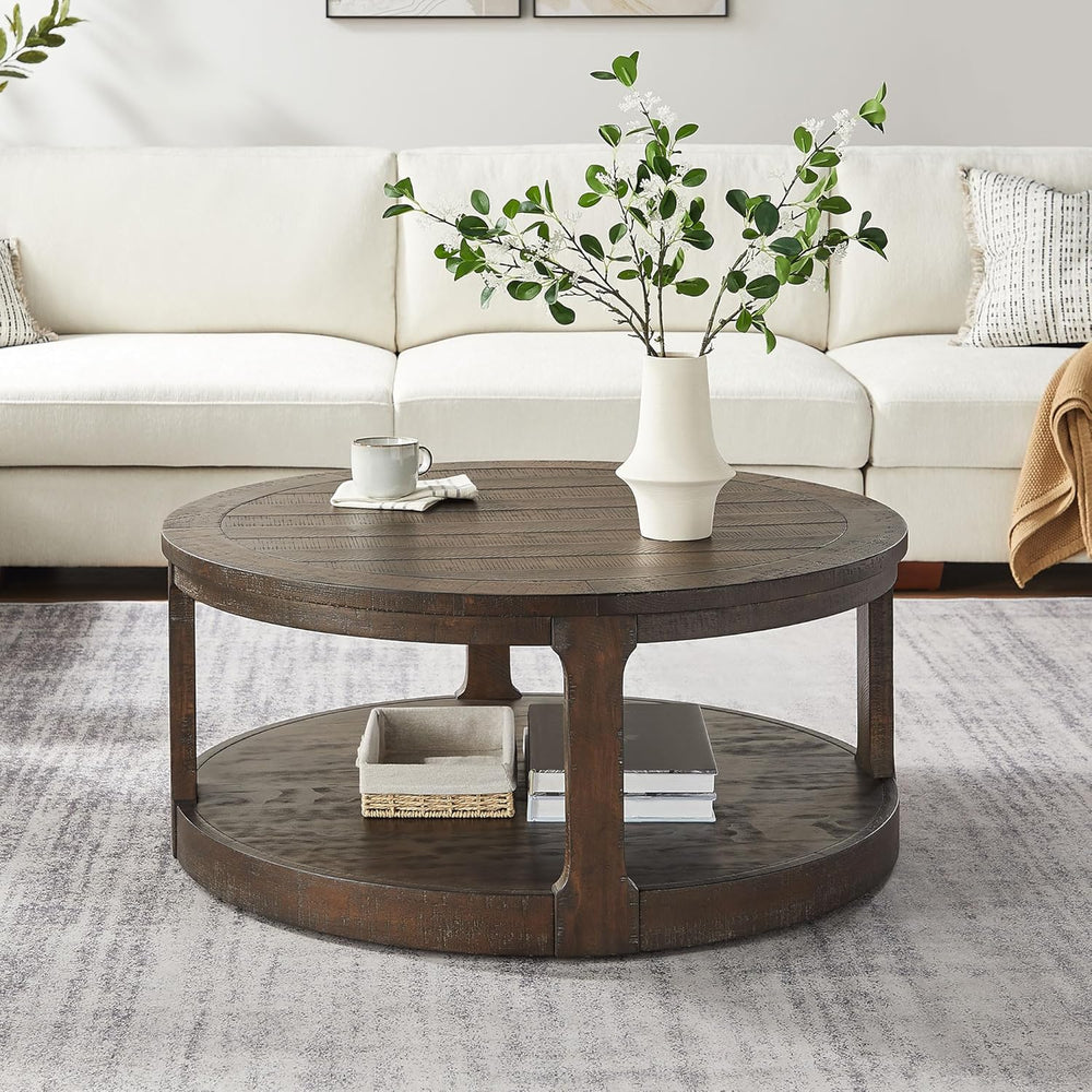 WILLIAMSPACE 40" Round Coffee Table with Wheels, Circle 2 Tier Solid Woo...