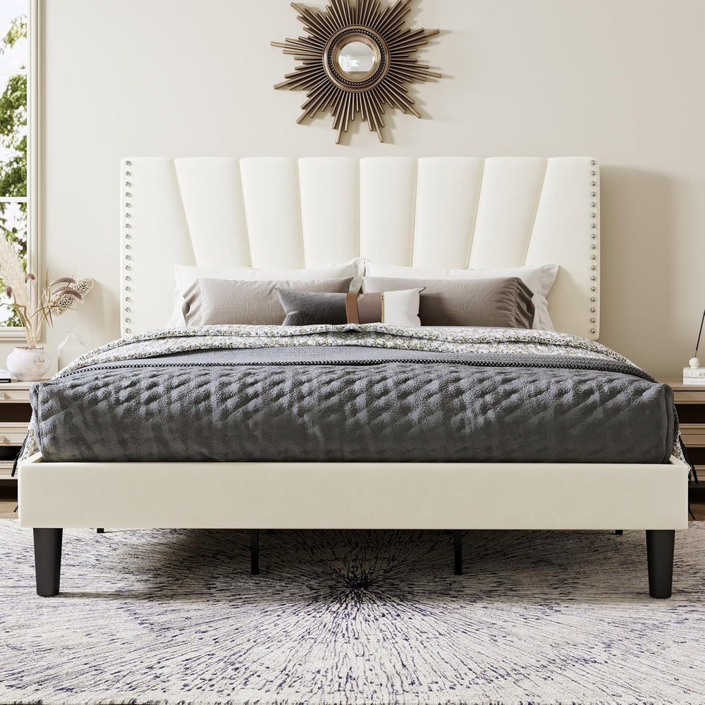 Allewie King Size Velvet Platform Bed Frame with Adjustable Headboard Cream