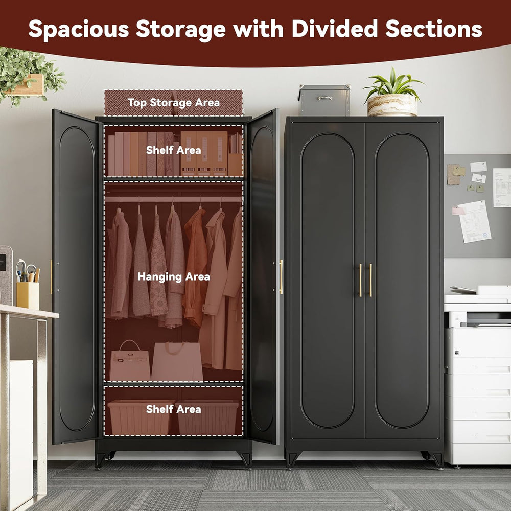 71" Tall Metal Bedroom Armoire, Wardrobe Closet with Doors, Black