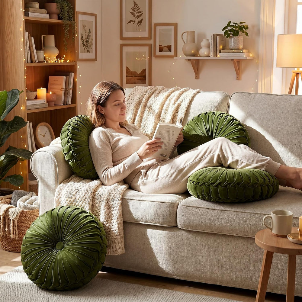 Kathfly 4 Pcs Round Throw Pillows Velvet Pleated Pillows, Olive Green