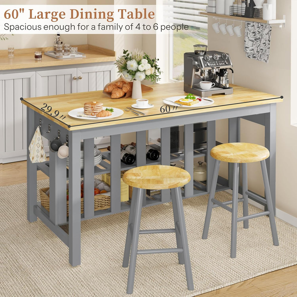 DynJest 60" Solid Rubberwood Kitchen Island with Power Outlets, Hooks, Grey