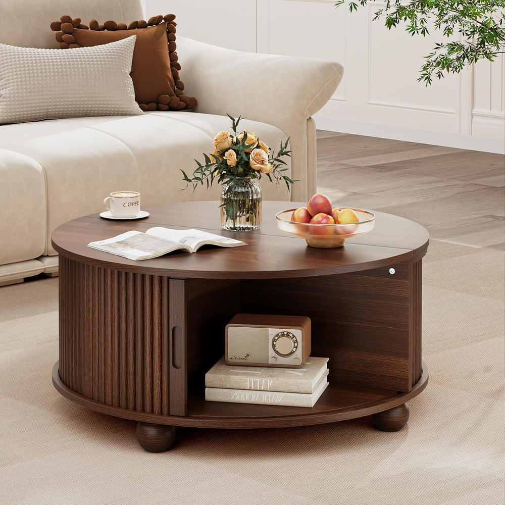 DHH Fluted Round Coffee Tables,31.5" Mid Century Modern Circle Drum Tabl...