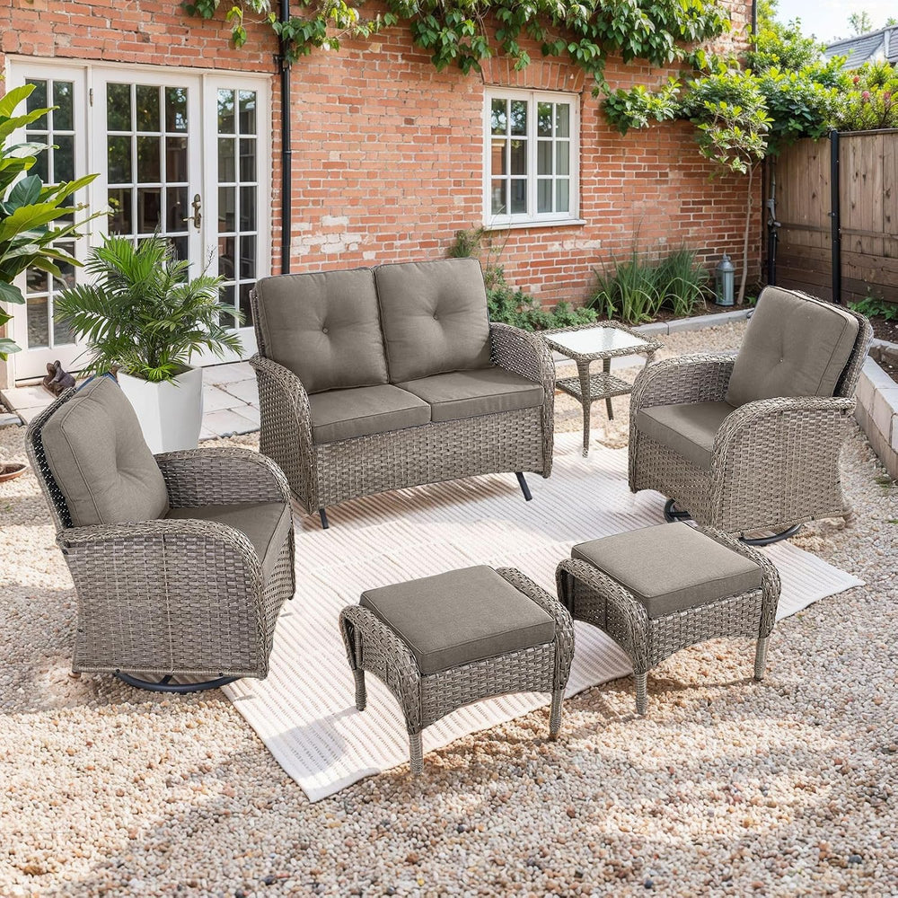HUMMUH 6 Piece Wicker Patio Set, Swivel Rockers & Glider, Grey/Grey