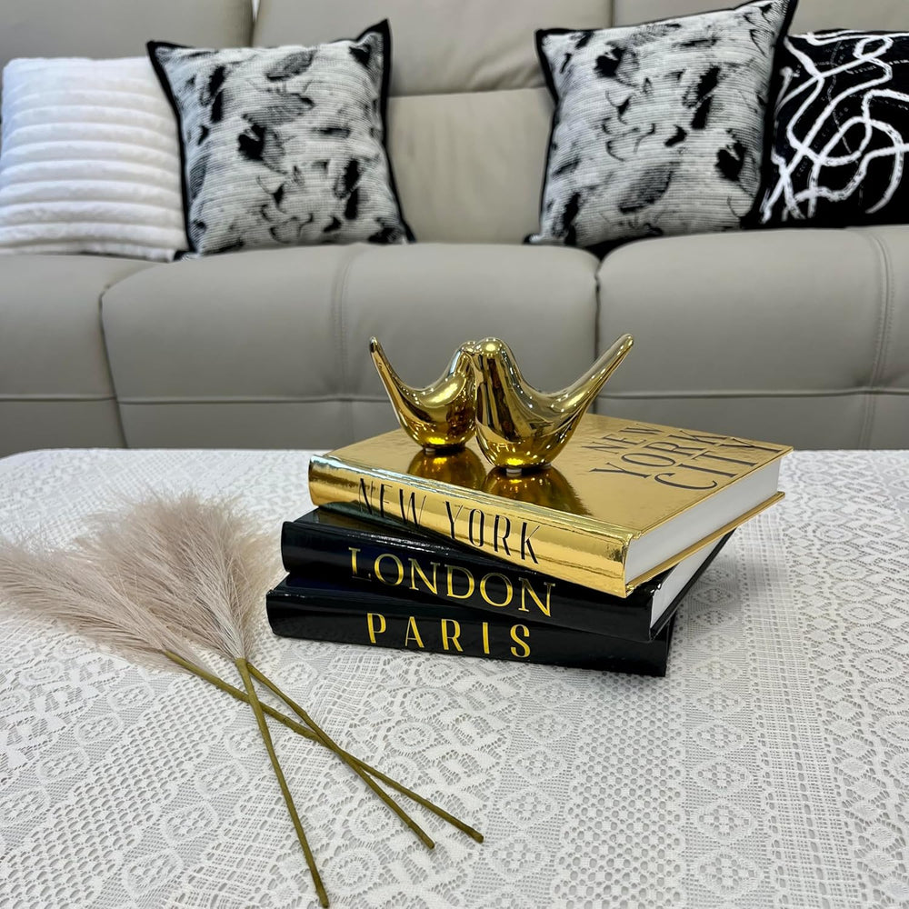 Decorative Books for Home Decor with Gold Bird Statues, 3-Piece Book Set