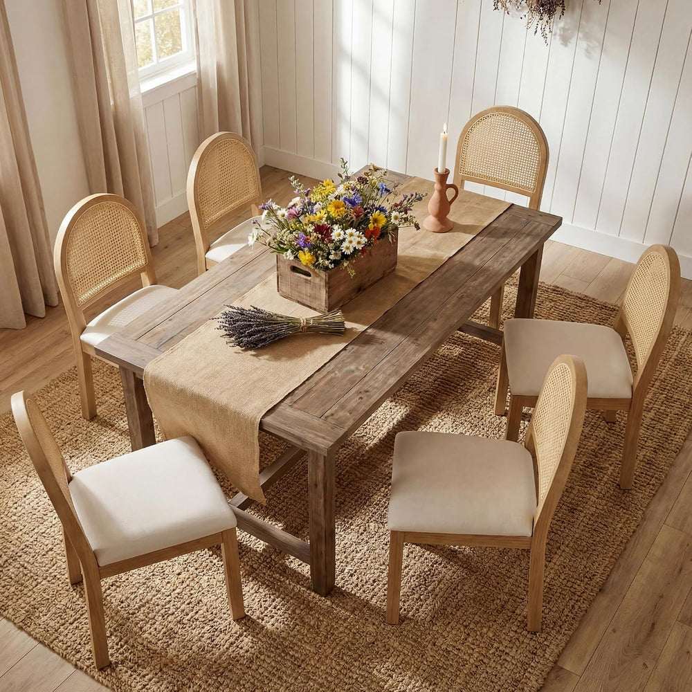 Upholstered Rattan Dining Chairs Set of 6, Farmhouse Wooden Kitchen Chair