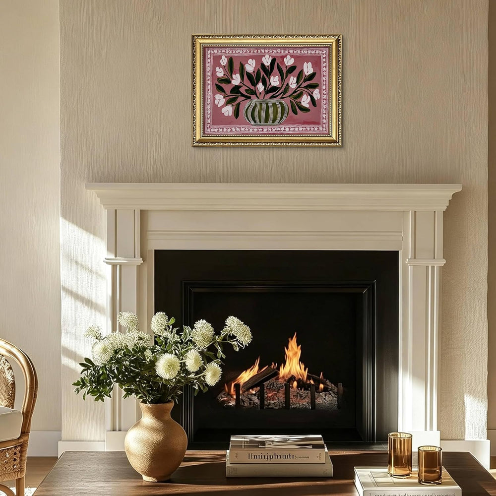 Gold Framed Vintage Floral Wall Art, Retro Vase White Flower Print, 16x24in