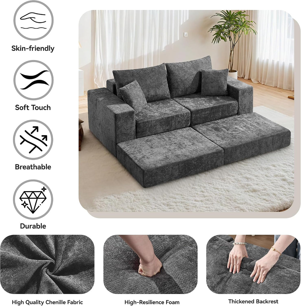 79" Boneless Couch with Ottoman, Compressed Sleeper Sofa Bed, Dark Grey