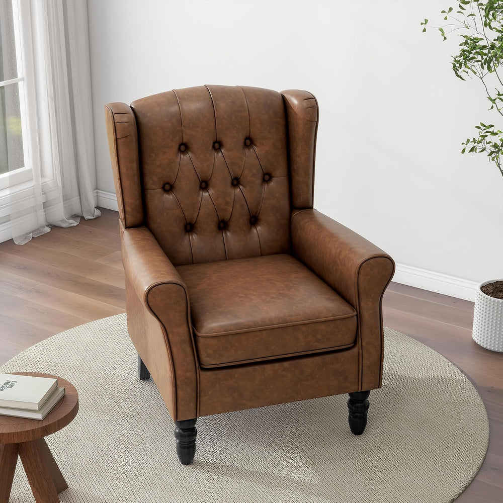 Faux Leather Wingback Accent Chair, Tufted High Back Armchair, Brown