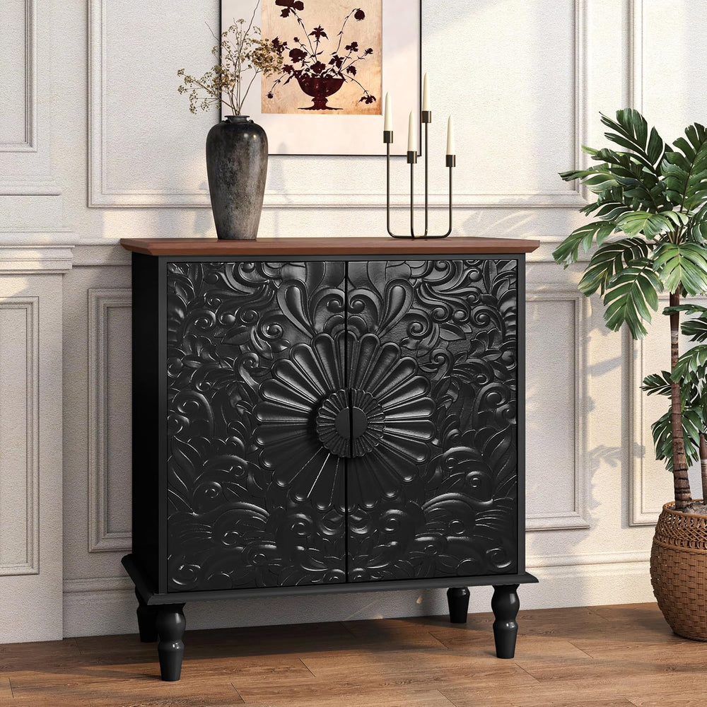 Black Sideboard Buffet Cabinet with 2 Embossed Flowers Doors