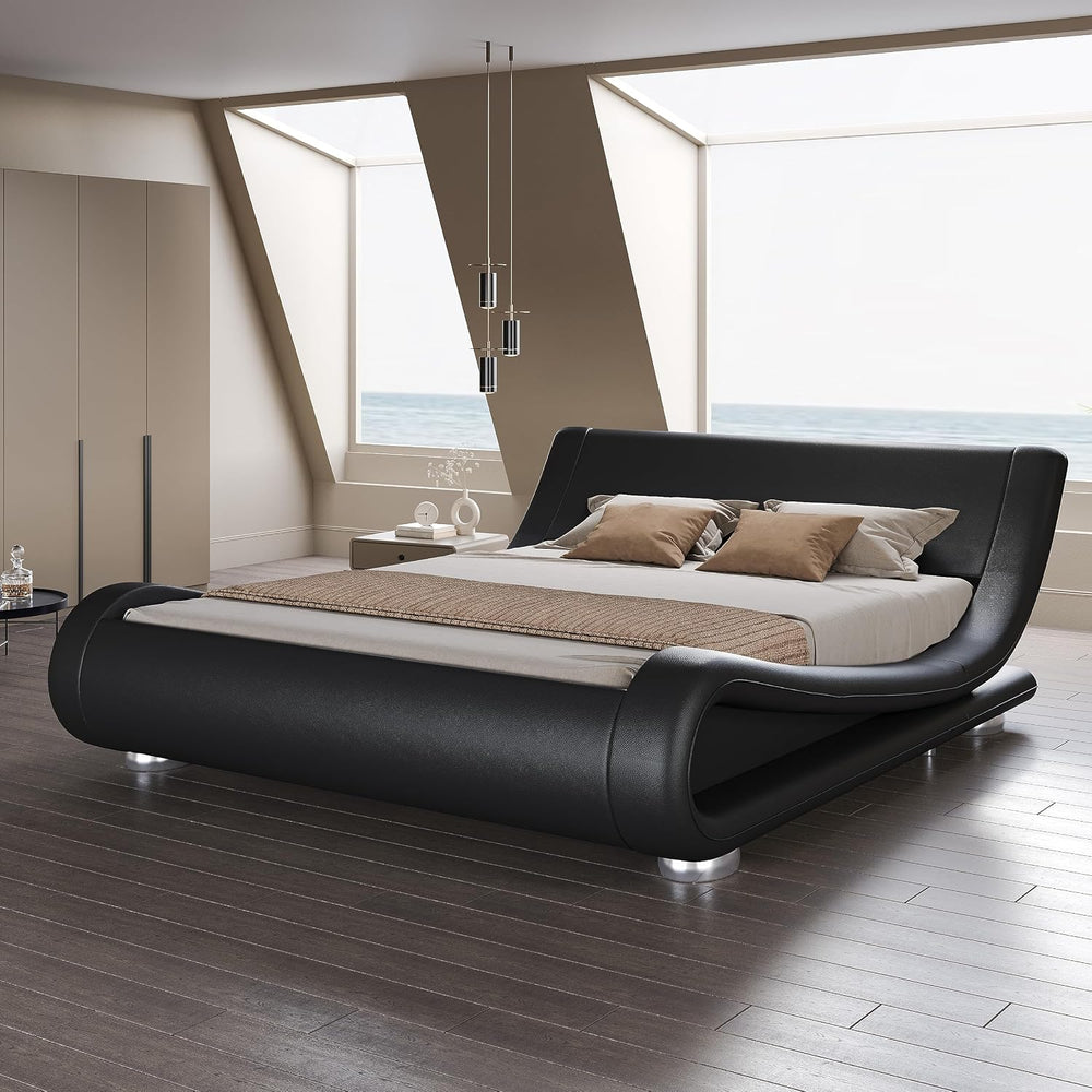 SHA CERLIN Queen Size Sleigh Bed Frame, Low Profile, Faux Leather, Black