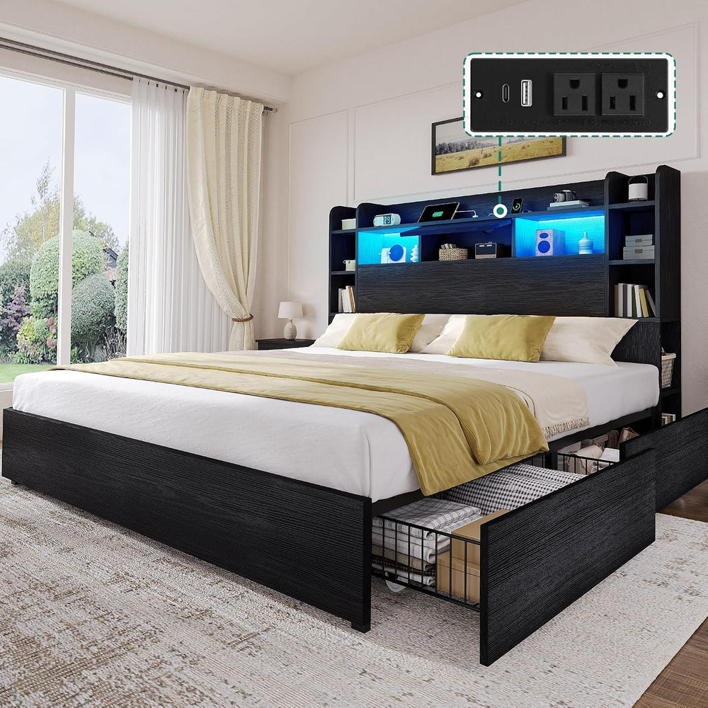 YITAHOME King Size Bed Frame, 51" Tall Bookcase Headboard, 4 Storage Drawer