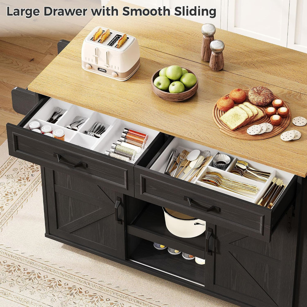 IRONCK Kitchen Island with Storage, Drop Leaf Countertop, Black