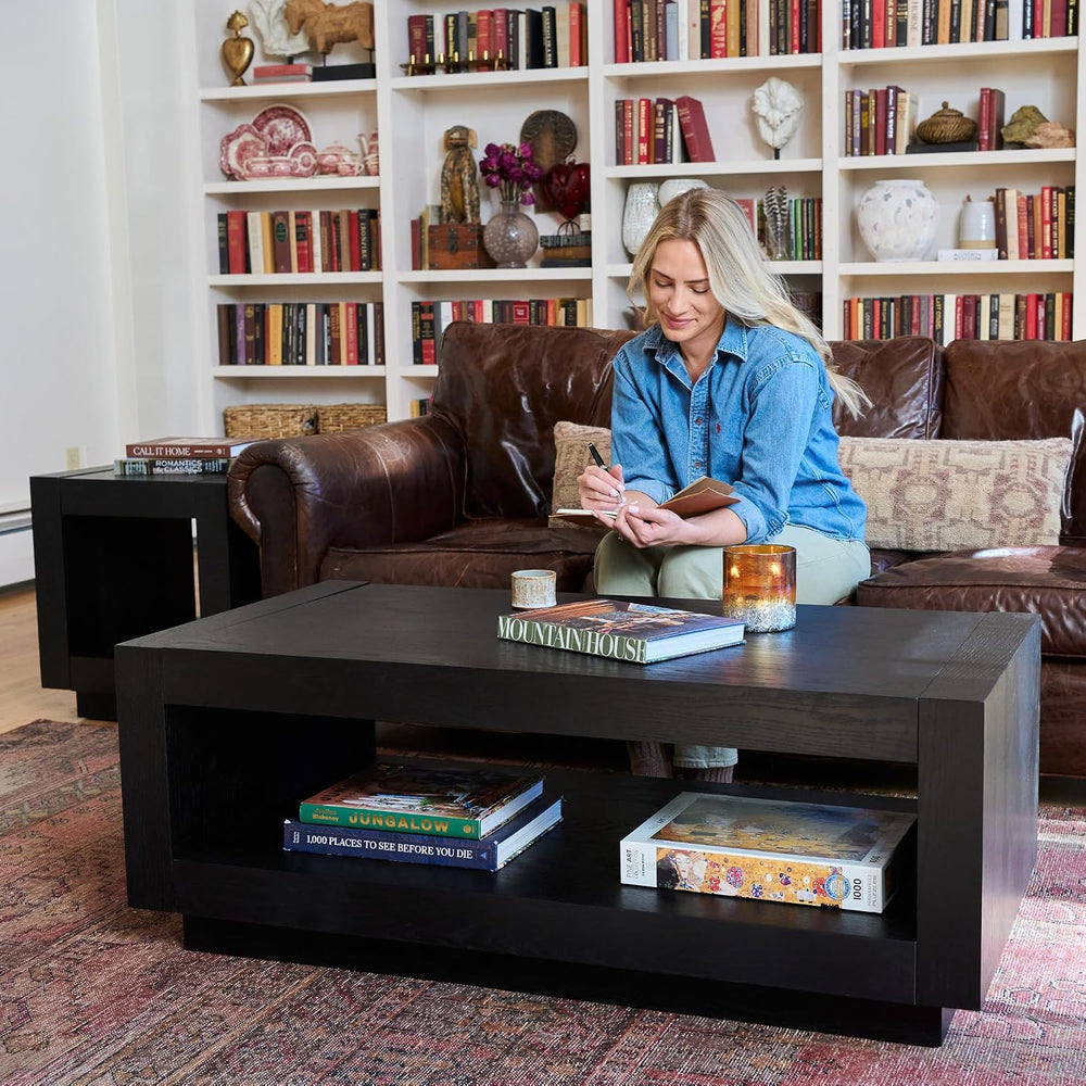 Maven Lane Artemis Coffee Table with Storage, Black Solid Wood, 18"