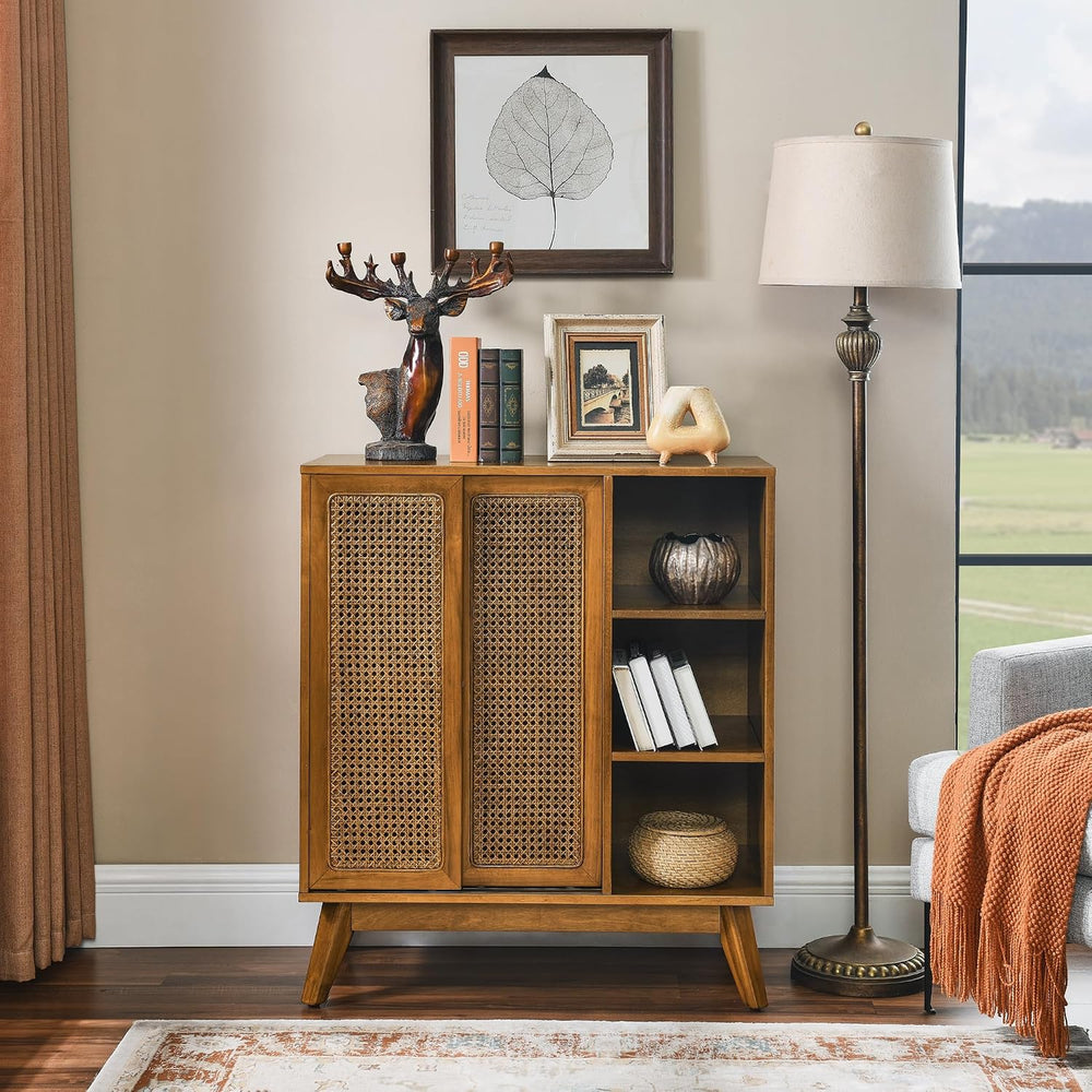 LKTART Mid Century Modern Small Rattan Sideboard Buffet Storage Cabinet