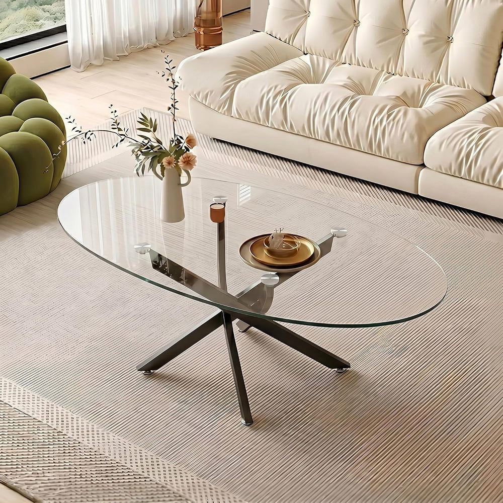 Henf Oval Glass Coffee Table, 39.4'' Transparent Top, Black Metal Legs