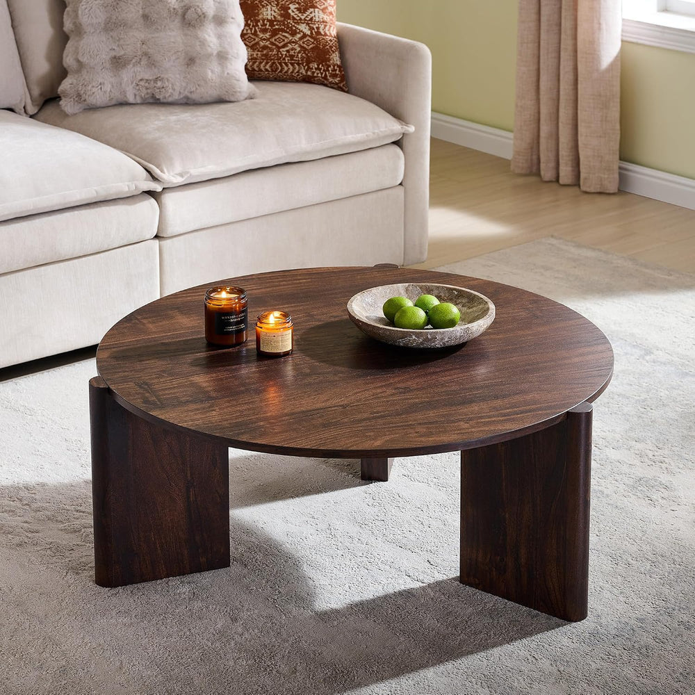 33.5" Wood Round Coffee Table, Small Modern Circle Coffee Table, Brown