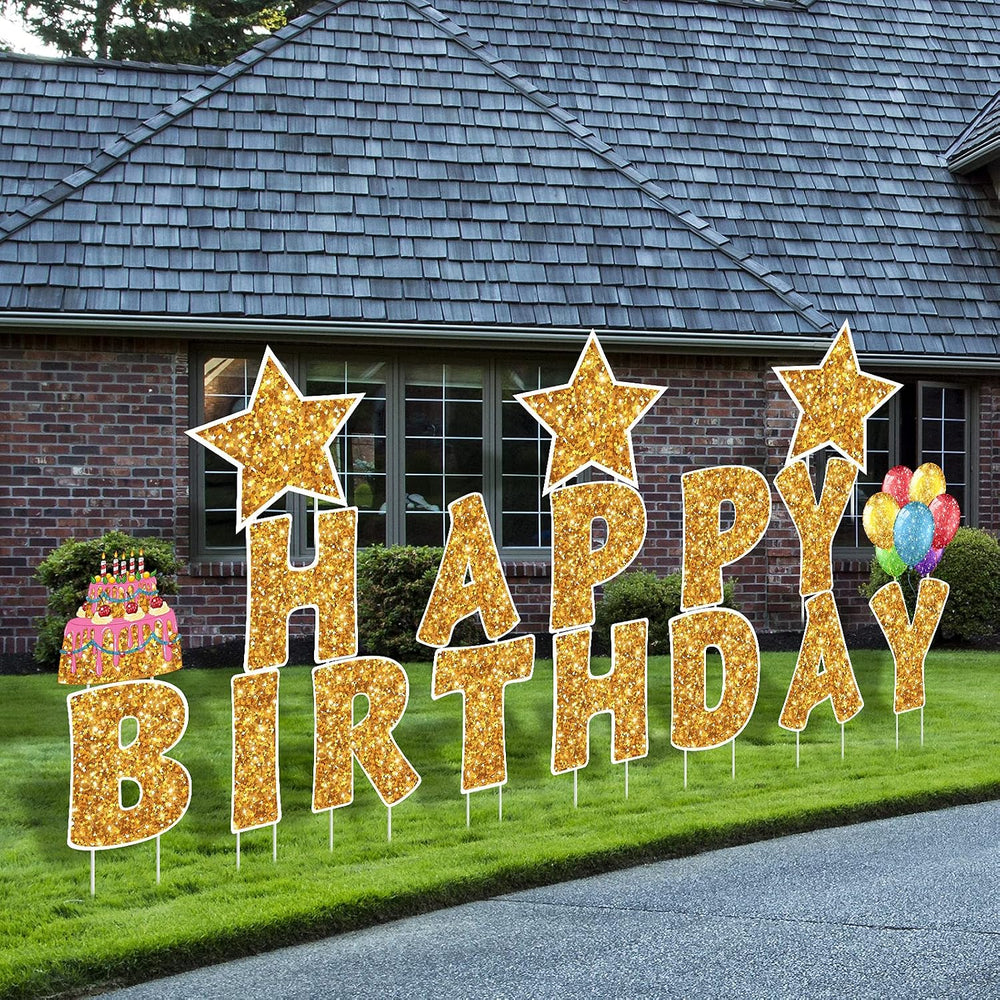 Jetec 18 Pcs Happy Birthday Yard Sign with Stakes and Light, Gold