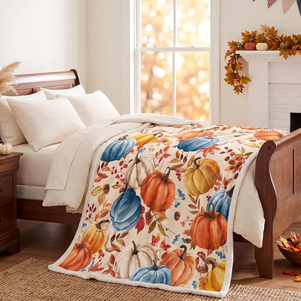 Fall Pumpkins Throw Blanket, Autumn Orange White Blue Pumpkins Leaves and Ber...