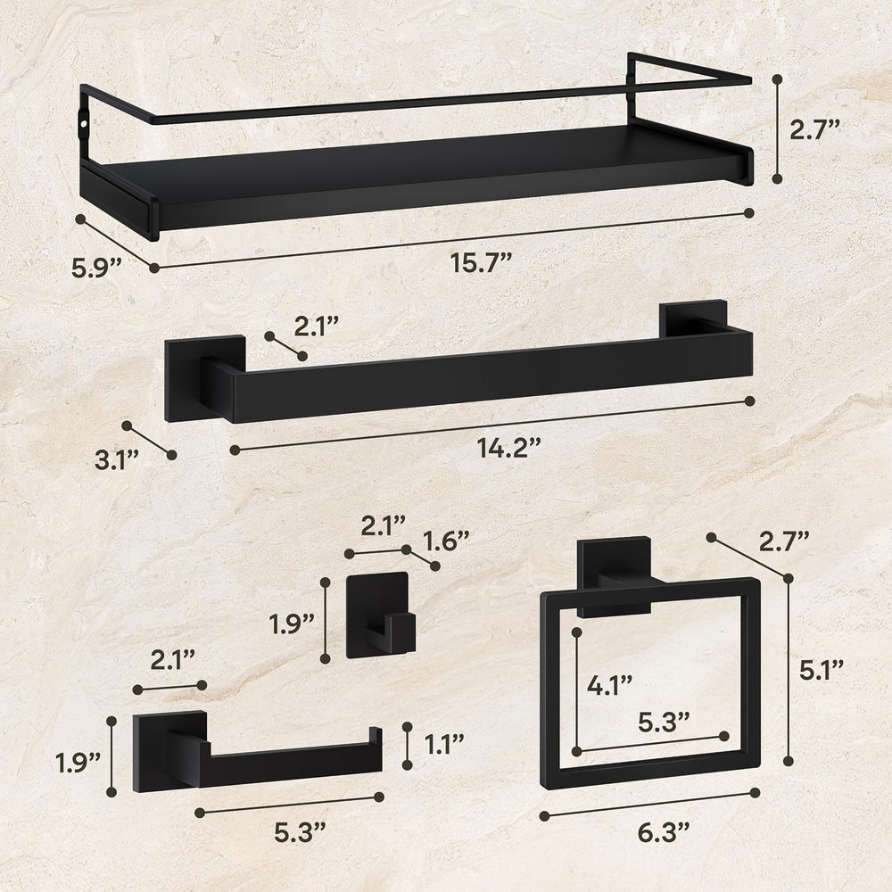 Black Bathroom Hardware Set, 5-Piece + 15.7" Shelf & 2 Adhesive Robe...