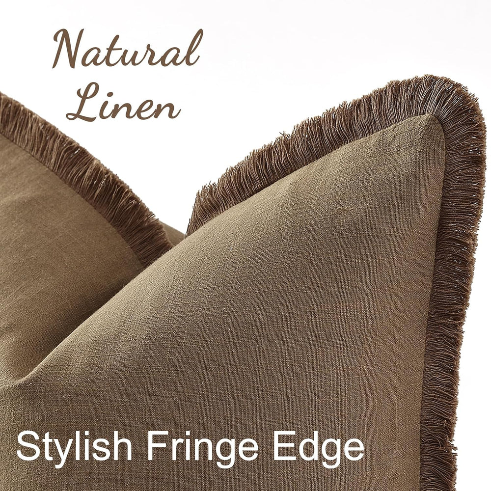 decorUhome Linen Fringe Light Brown Throw Pillow Covers 24x24 Set of 2