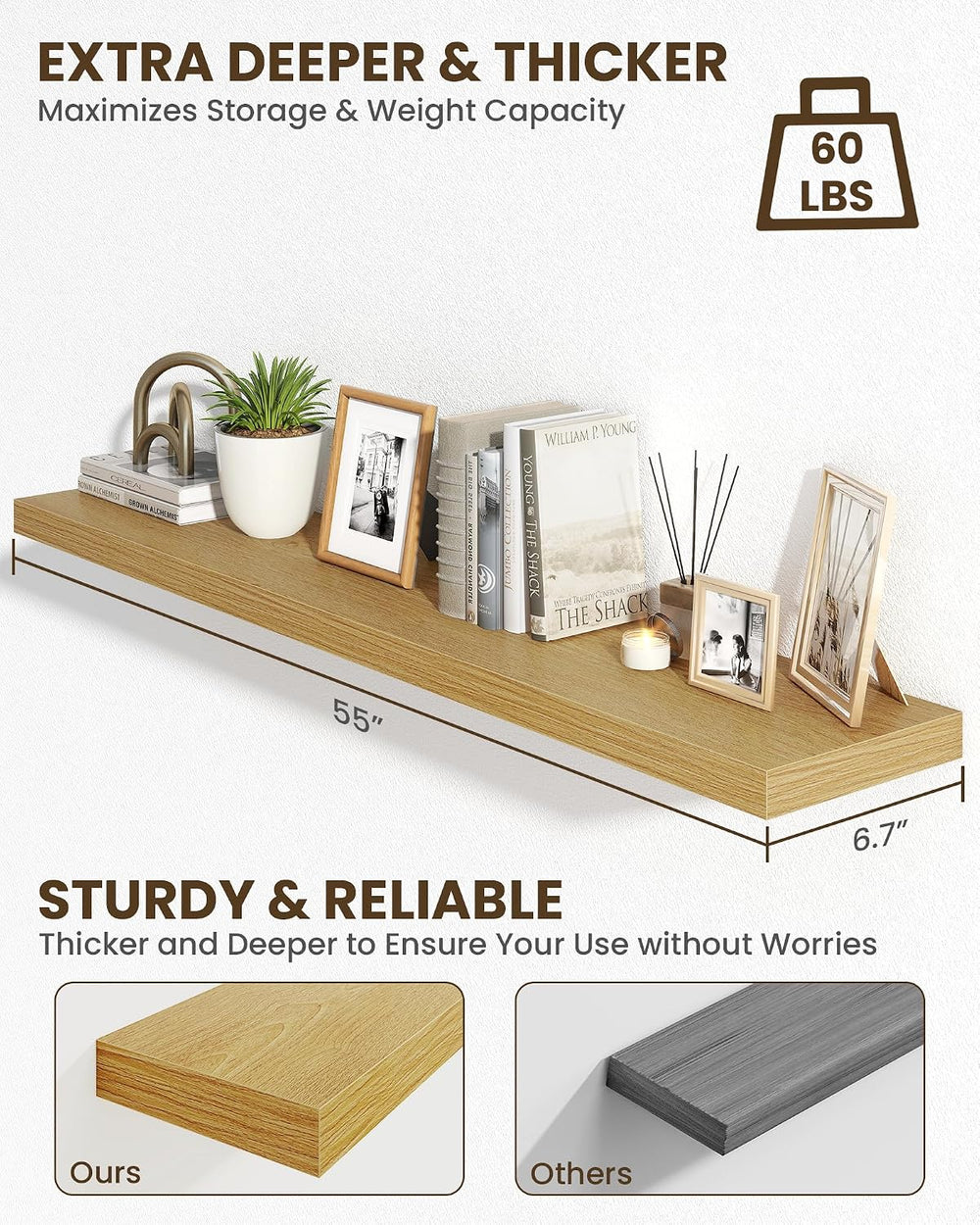 Marsmiles 55" Floating Shelves for Wall, Wooden Shelves with Invisible B...