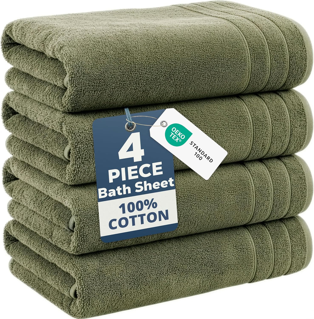Casa Platino Large Bath Sheets 100% Cotton 4 Pack Quick Dry - Oil Green