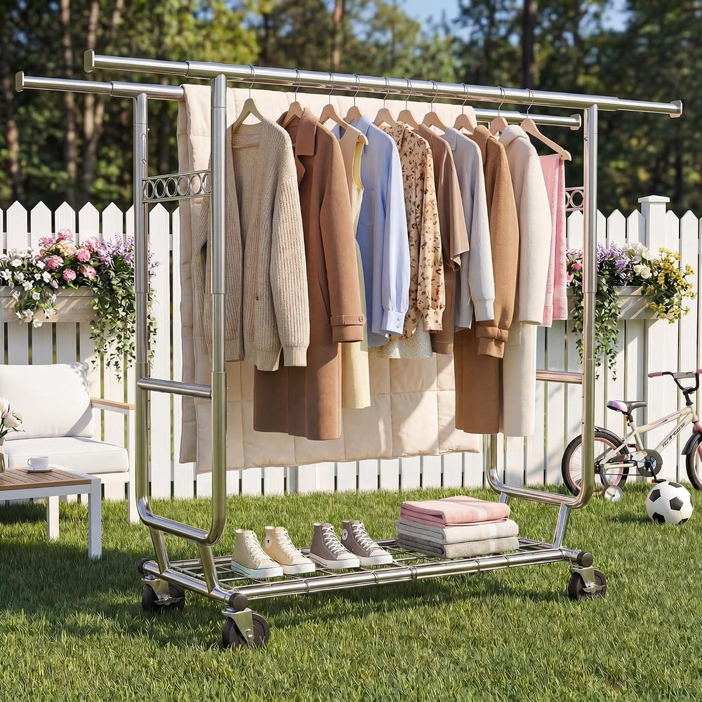 Raybee Heavy Duty Clothes Rack 650LBS Double Rods with Shelf Collapsible
