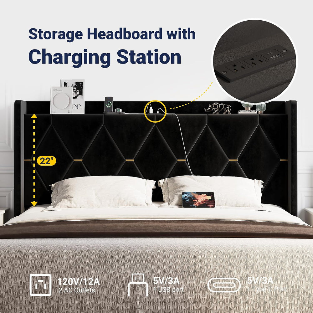 Allewie King Size Bed Frame with Storage Headboard & Smart Charging Station