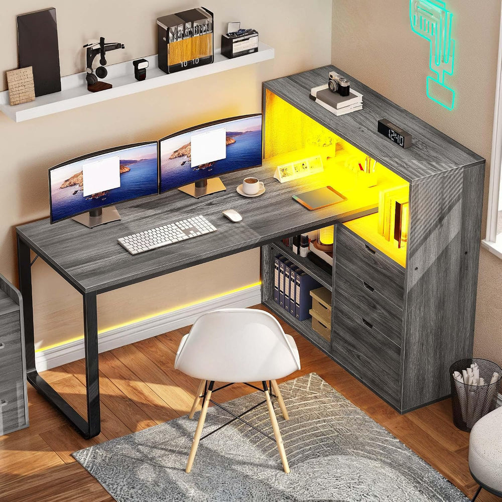 YITAHOME 55" L Shaped Corner Computer Desk with Drawers & Power, Grey