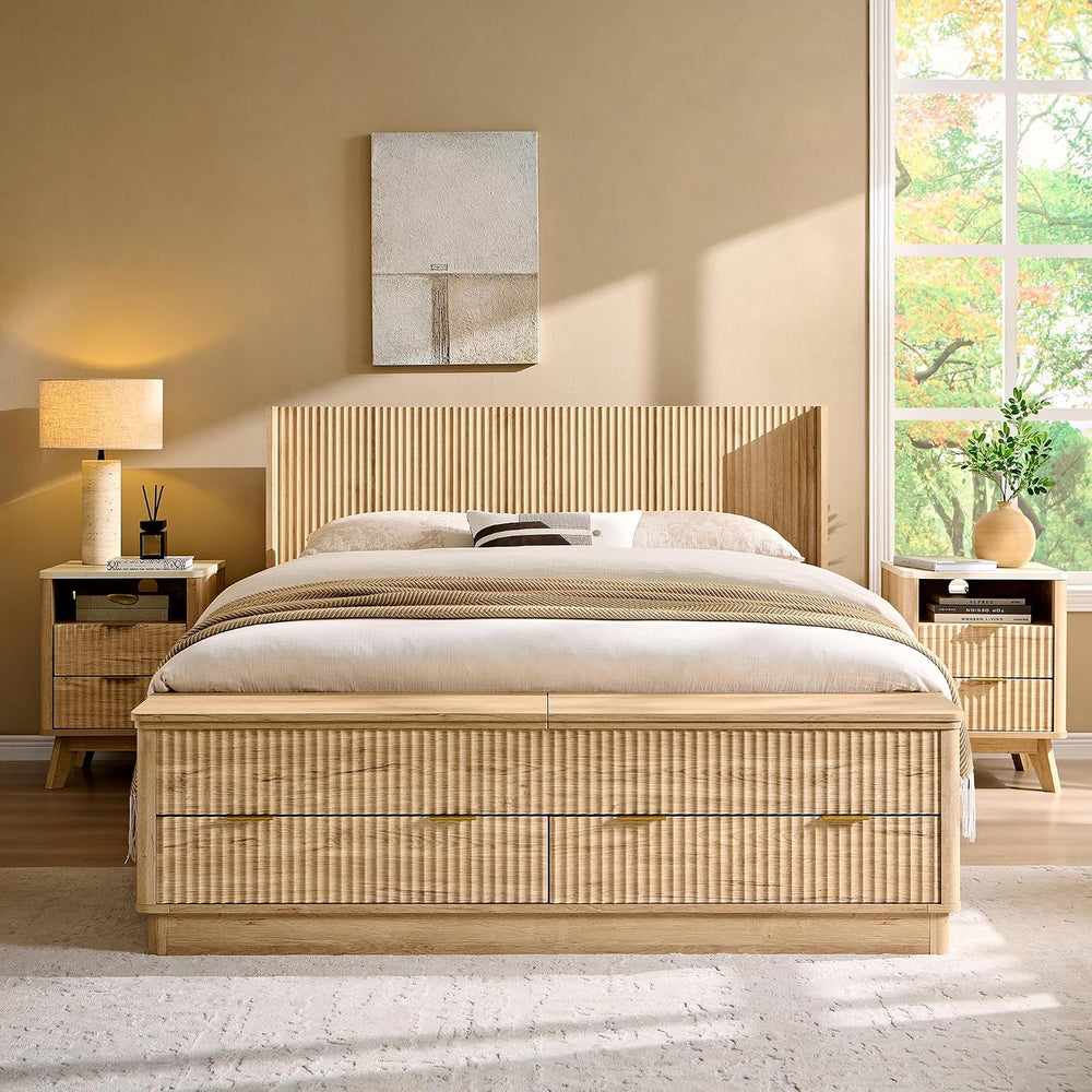 T4TREAM Fluted Queen Bed with Headboard and Storage Bench, Natural Oak
