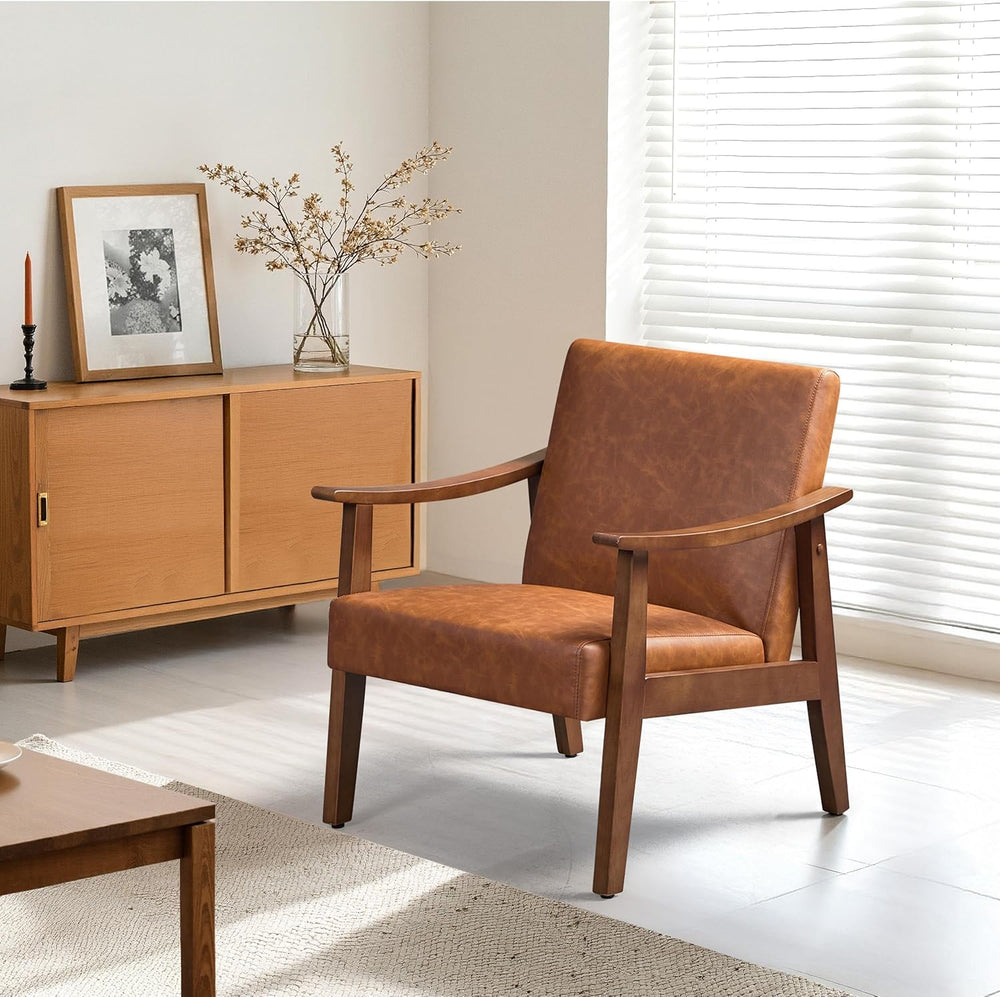 Yaheetech Accent Chairs, Mid-Century Faux Leather Armchairs, Light Brown