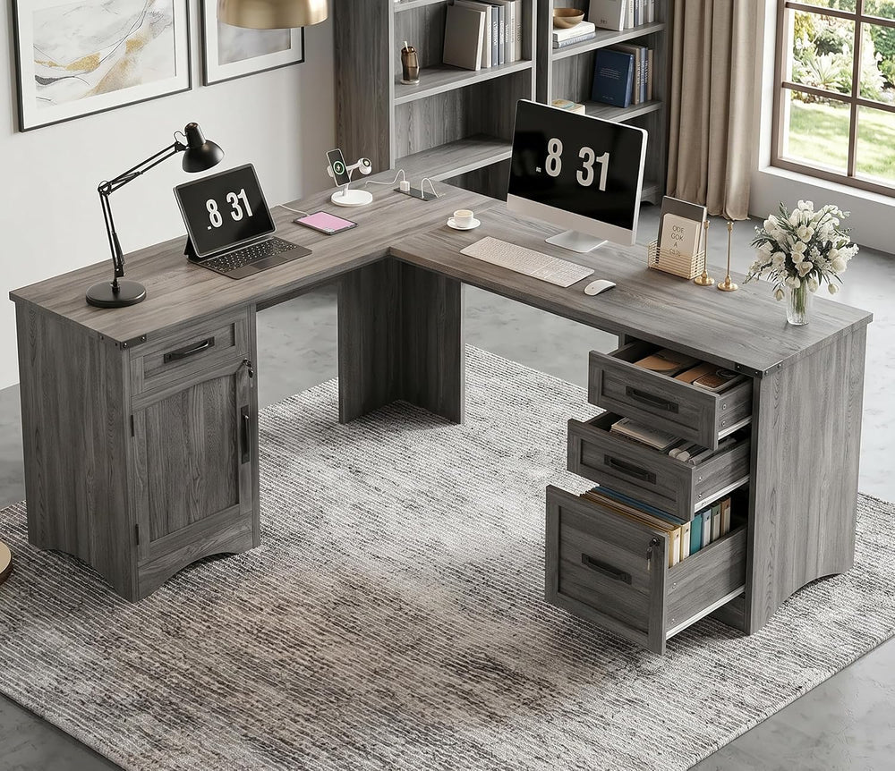 Decofy 67" Farmhouse L Shaped Standing Desk with Drawers Home Office Exe...