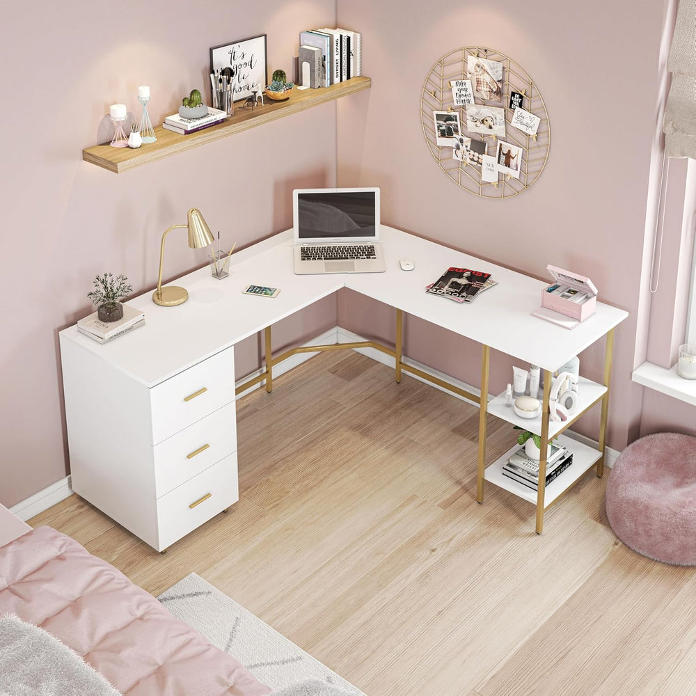 Techni Mobili 59" Two-Tone L‑Shaped Office Desk with Storage Shelves, Gold