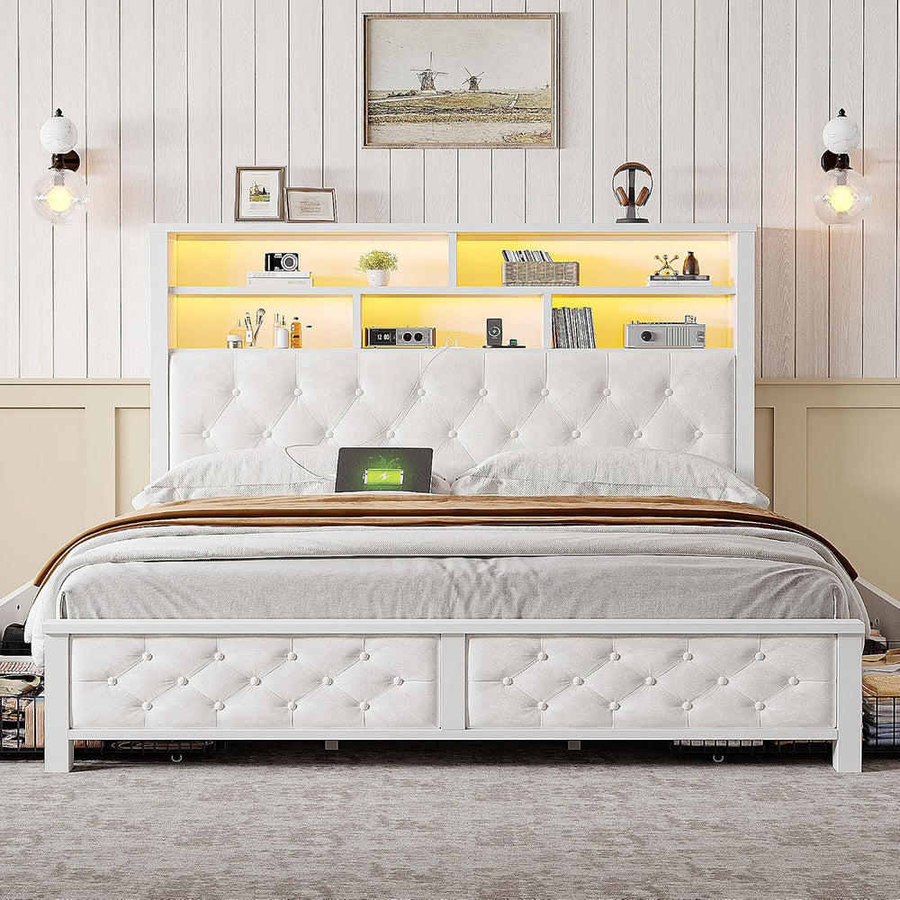 EnHomee Queen Bed Frame with Headboard & 4 Storage Drawers