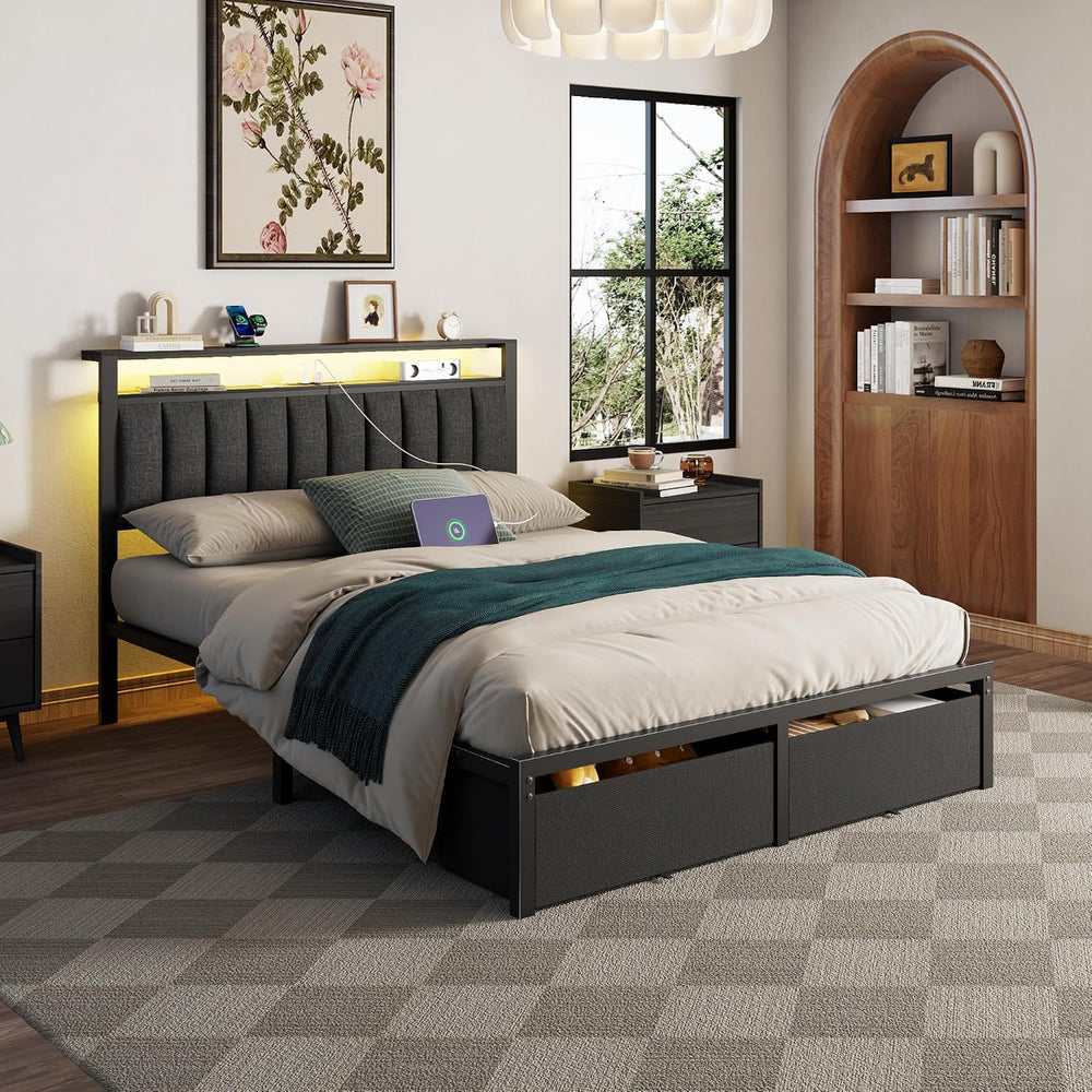 Furnulem Queen Bed Frame with Storage Drawers and Upholstered Headboard