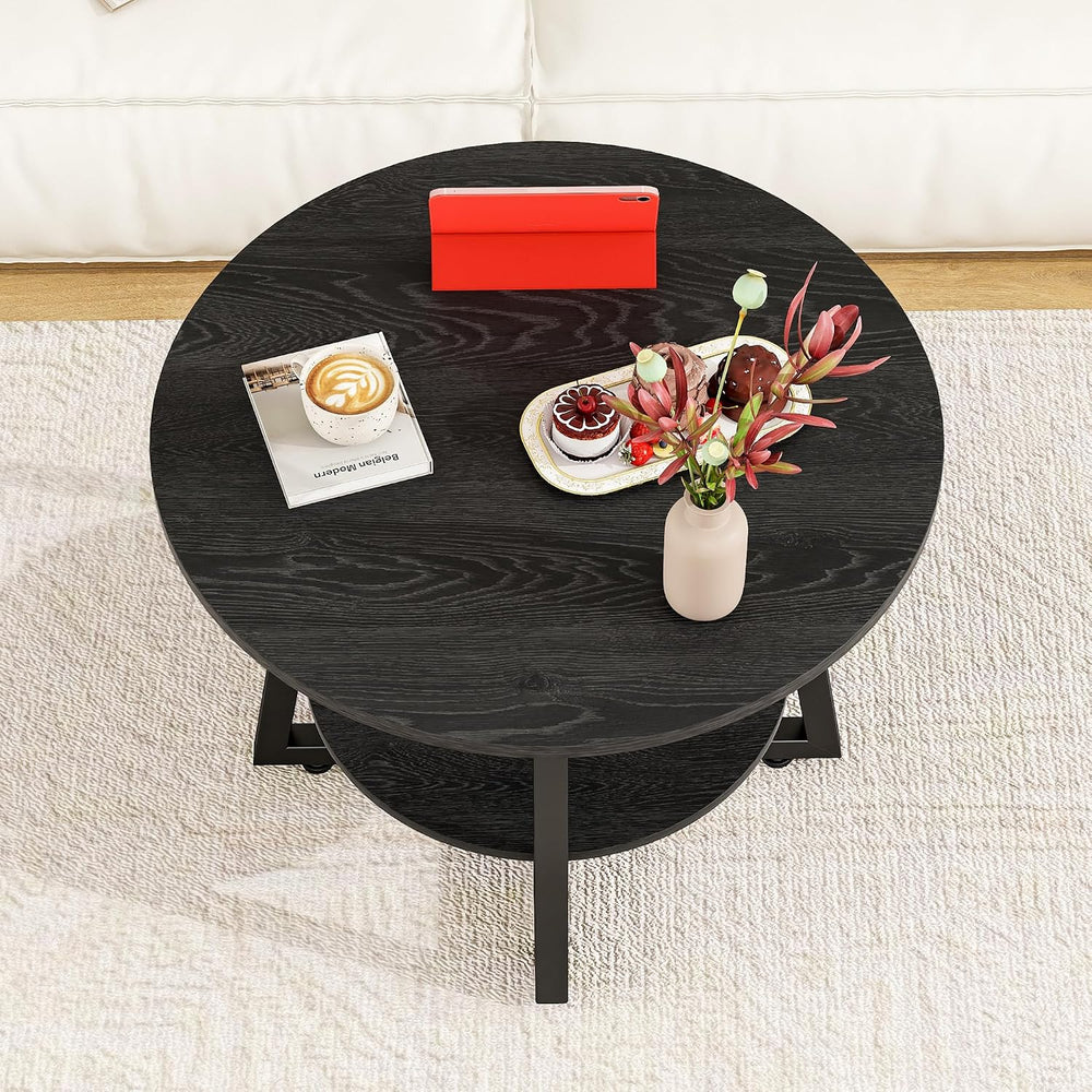Round Coffee Table with Storage,Metal Small Coffee Table,Black