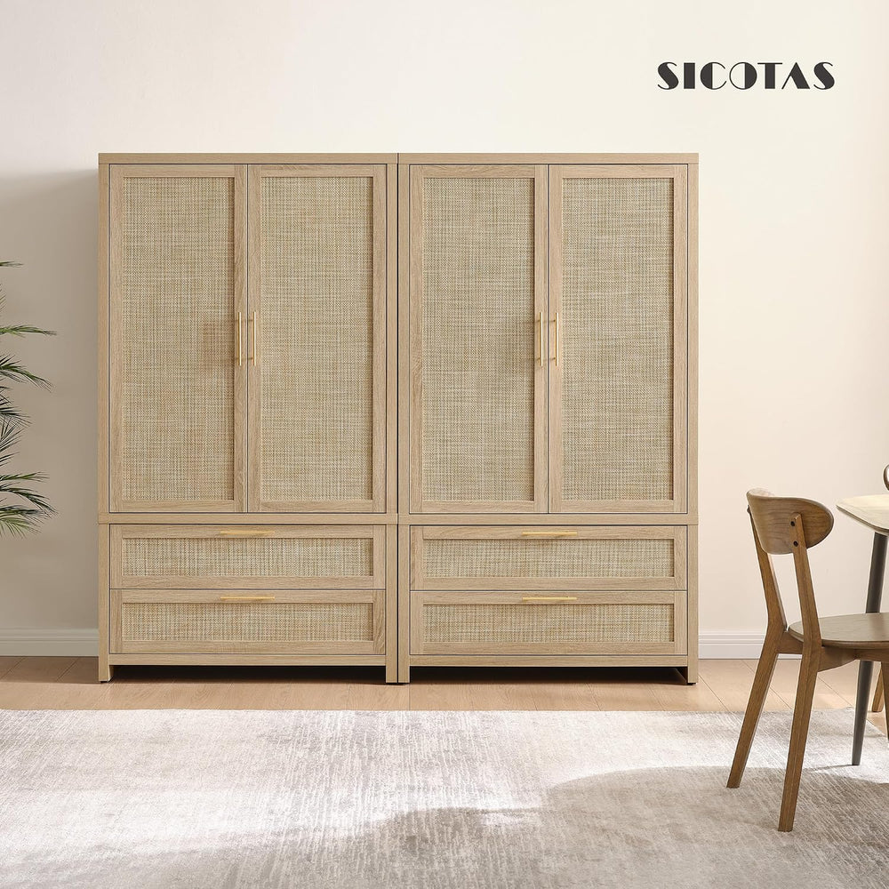 SICOTAS 71 inch Wardrobe Closet, Boho Rattan Armoire Wardrobe with Drawers
